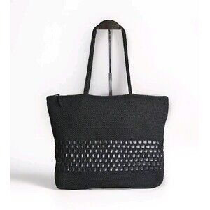 Carlo D'Santi Womens Black Crochet Cotton and Woven Vegan Leather Handbag EUC